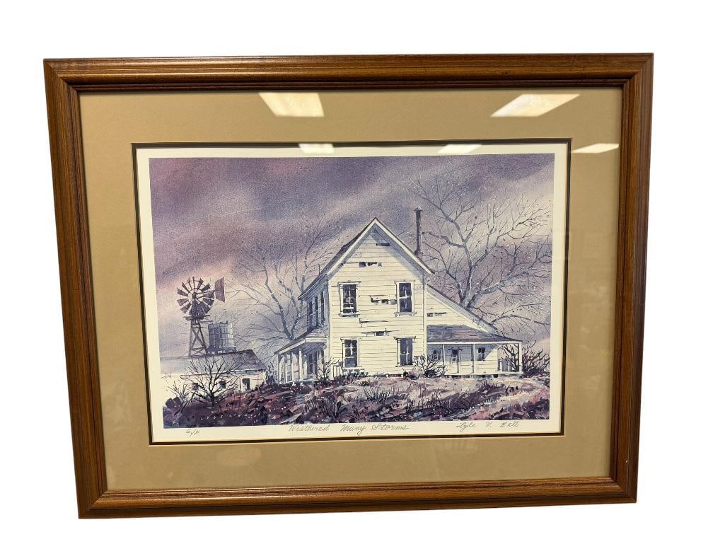 LYLE V. BALL PROLIFIC RENO, NV ARTIST ARTIST PROOF PRINT WEATHERED MANY STORMS: LYLE V. BALL (1909-1992) WAS A WELL-KNOWN ARTIST IN NEVADA KNOWN FOR CAPTURING ARCHITECTURE THROUGH HIS PAINTINGS, ART DEPICTS FARM HOUSE WITH WINDMILL IN THE BACKGROUND, PRINT DOES SHOW SOME SUN