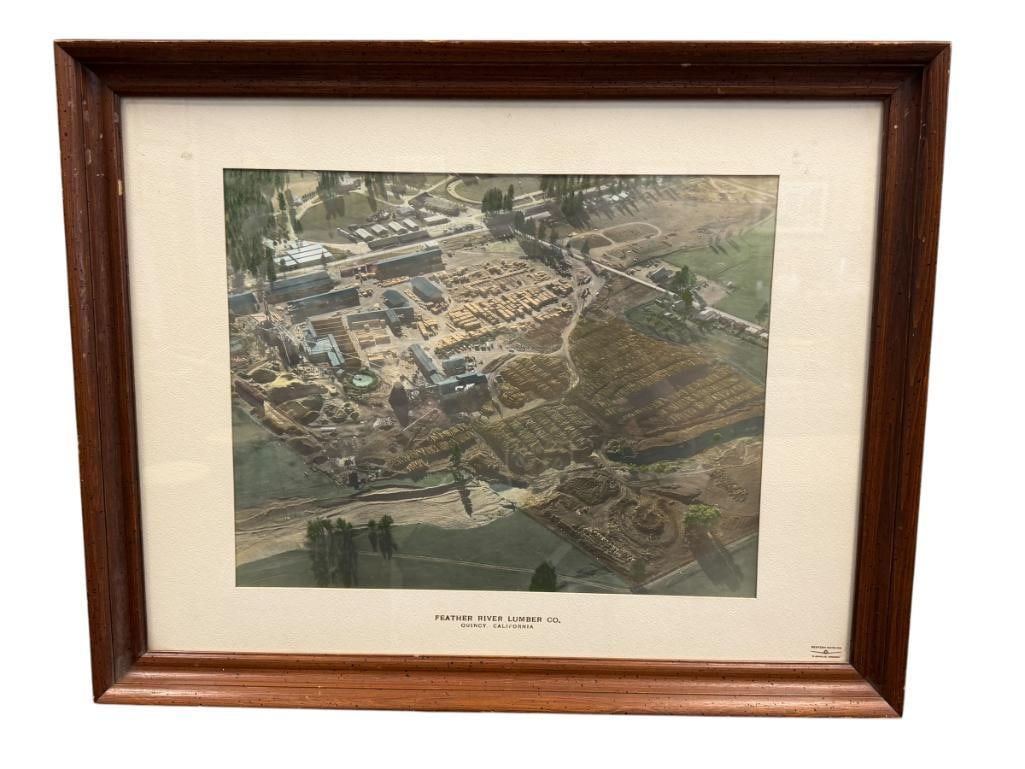 VINTAGE WESTERN WAYS INC. HAND COLORED PHOTOGRAPH IN OIL FEATHER RIVER LUMBER CO. QUINCY, CA: PHOTOGRAPHY AND COLORING DONE BY WESTERN WAYS INC. MATTING IS EMBOSSED, PHOTO DEPICTS FEATHER RIVER LUMBER MILL WITH MILL, STACKS OF LOGS, VEHICLES, BUILDINGS,ETC., FRAMED 29" X 23" FRAME