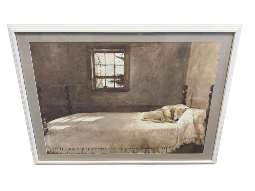 ANDREW WYETH AMERICAN ARTIST PRINT TITLED MASTER BEDROOM: ANDREW WYETH (1917-2009) WAS A PROMINENT MID-CENTURY ARTIST, PRINT DEPICTS LABRADOR DOG NAMED RATTLER SLEEPING ON A BED, FRAMED 29 1/2" X 23 1/2" FRAME