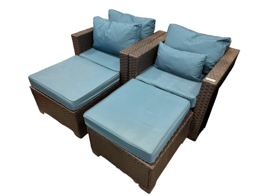 BLACK VINYL WICKER OUTDOOR / PATIO PAIR OF CHIARS WITH OTTOMANS INCLUDES CUSHIONS: IN GOOD CONDITION WITH NO HEAVY WEAR OR FRAYING 32" X 30" X 29" CHAIRS, 25" X 30" X 14" OTTOMANS