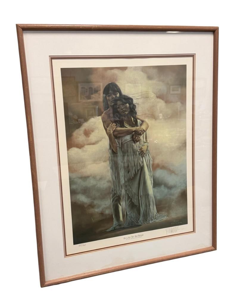 PENNI ANNE CROSS NATIVE AMERICAN ARTIST LIMITED EDITION PRINT WE ARE WOMAN / MAN NO. 883/960: ART DEPICTS NATIVE AMERICAN MAN AND COUPLE EMBRACING ANOTHER WITH CLOUD BACKGROUND, SIGNED LOWER RIGHT, FRAMED 28 1/2" X 35" FRAME