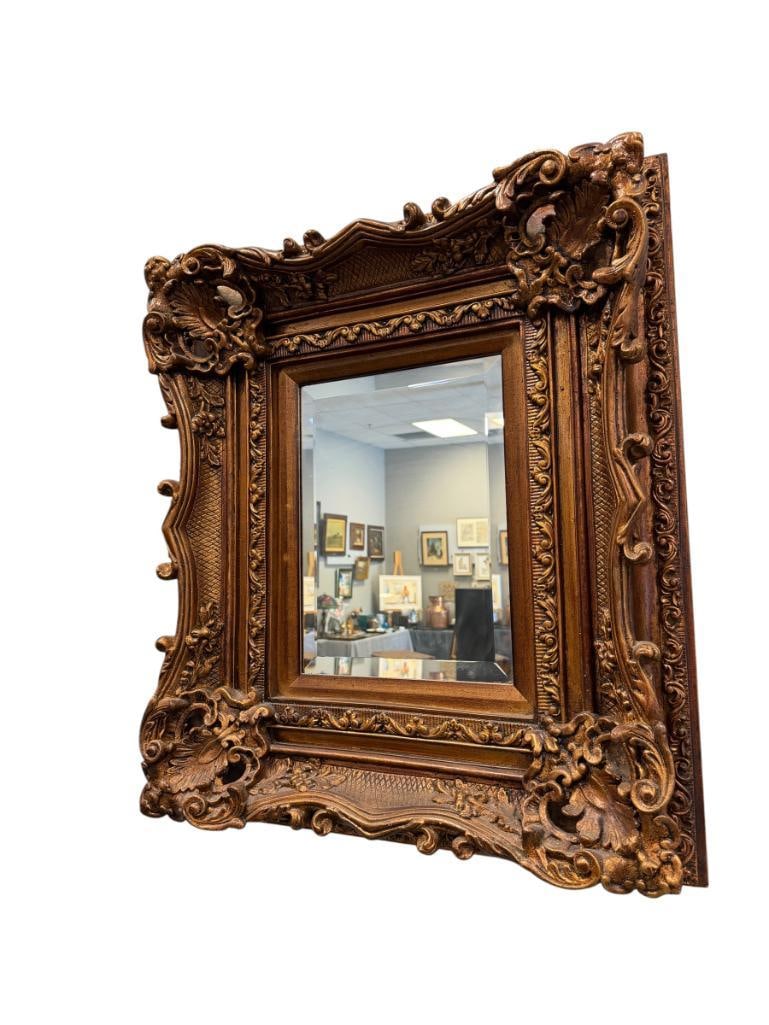 BAROQUE STYLE ELABORATE FRAMED BEVELED MIRROR BRONZE TONED: 30" X 26" FRAME