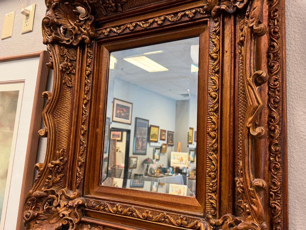 BAROQUE STYLE ELABORATE FRAMED BEVELED MIRROR BRONZE TONED - 2