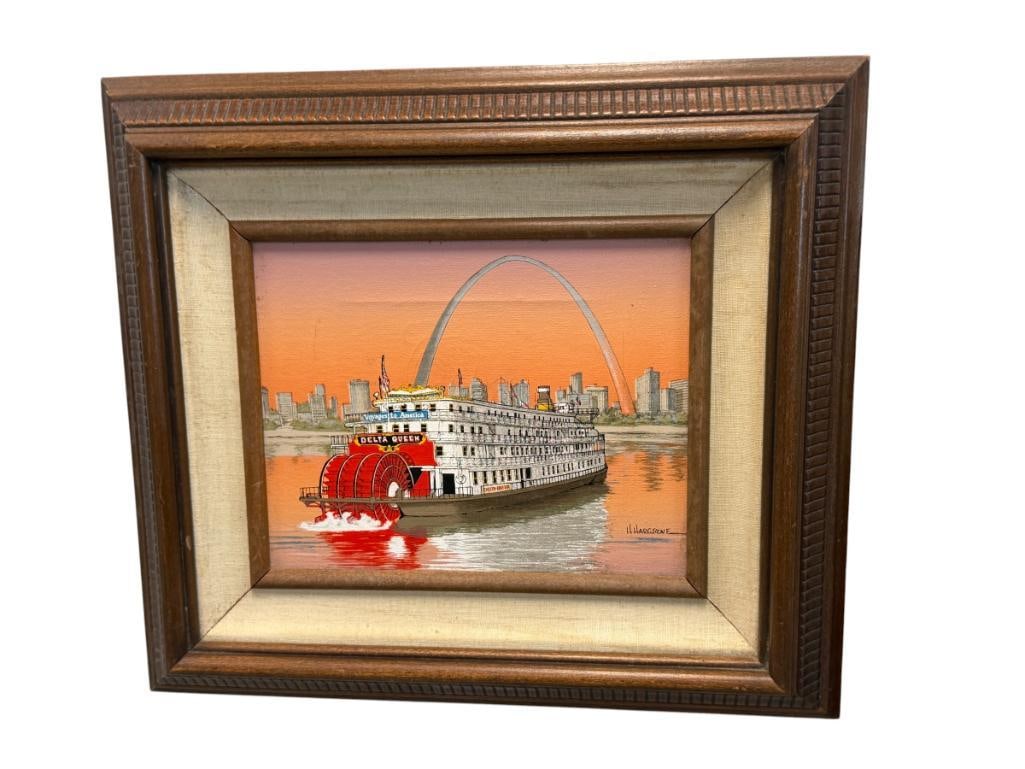 ARTISTIC INTERIORS H. HARGROVE ILLUSTRATION ON CANVAS DELTA QUEEN PADDLE BOAT ST. LOUIS GATEWAY A...: CERTIFICATE NO. 842353, CERTIFICATE ON THE BACK, FRAMED 16 3/4" X 14 3/4" FRAME