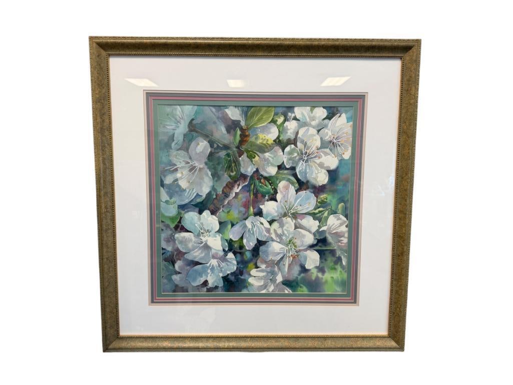 DEANNE HALLY UTAH BORN ARTIST ORIGINAL WATERCOLOR ON PAPER IRISES: DEANNE HALLY (1944-2002) WAS AN AMERICAN ARTIST KNOWN FOR HER LANDSCAPES OF THE GRAND TETONS AND OF IRISES, ART OF IRISES, SIGNED LOWER LEFT, FRAMED 34" X 34" FRAME