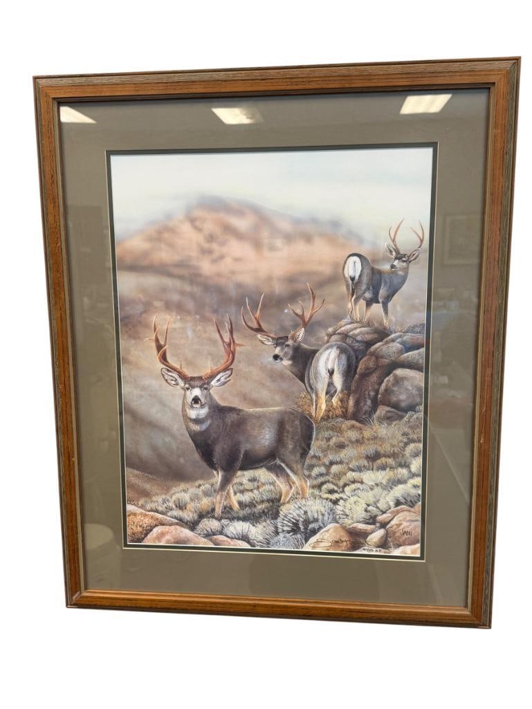 JANI KREUTZJANS NEVADA ARTIST ARTIST PROOF PRINT OF MULE DEER IN DESERT LANDSCAPE NO. 31/75 AP: ART DEPICTS THREE MULE DEER IN DESERT LANDSCAPE, SIGNED LOWER RIGHT, FRAMED 23 1/2" X 28 1/2" FRAME