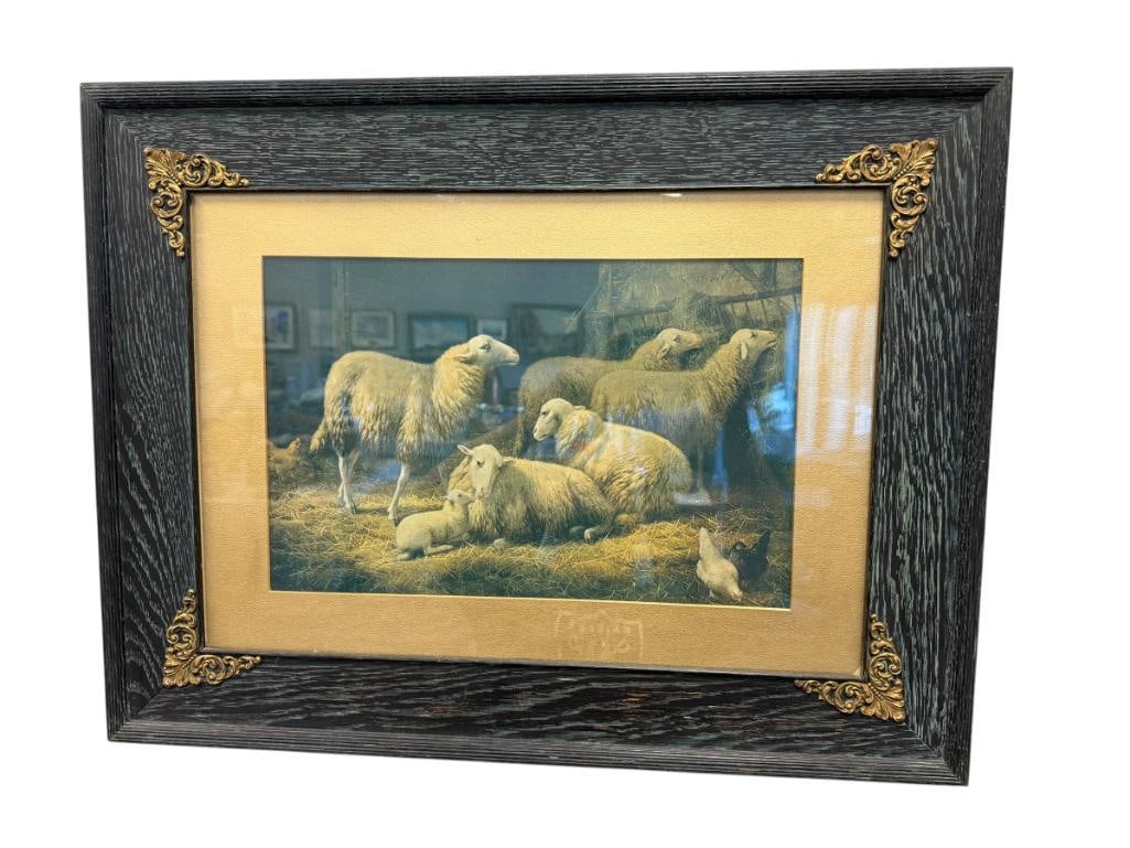 EARLY 20TH CENTURY PASTORAL SCENE OF A FLOCK OF SHEEP: ART DEPICTS FLOCK OF SHEEP IN A BARN, FRAMED 26" X 20" FRAME
