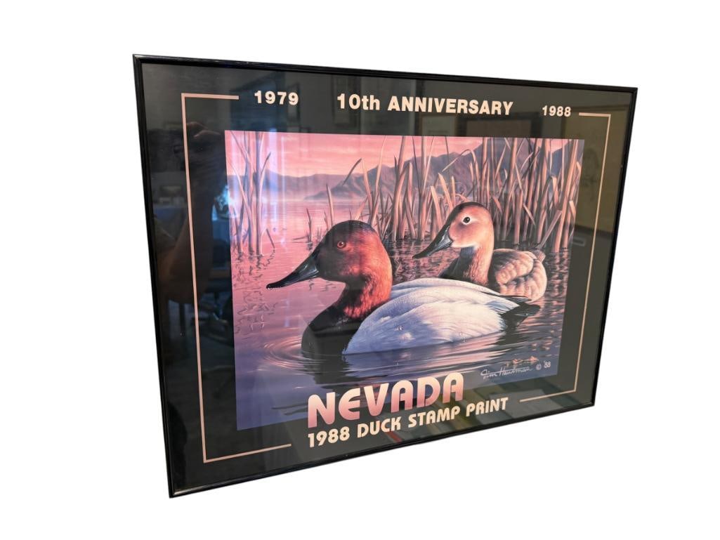 TIM HARTMAN DUCKS UNLIMITED WILDLIFE ARTIST 1988 DUCK STAMP PROMOTIONAL 10TH ANNIVERSARY POSTER: 24" X 18" FRAME