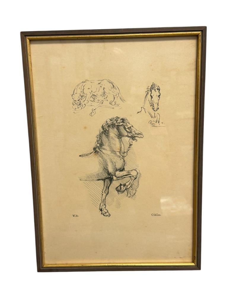 CARLO GIUSEPPE GERLI REPRODUCTION STUDY BY LEONARDO DA VINCI ANATOMICAL STUDIES: REARING HORSE WITH LEOPARD AND HORSE BUST IN RIGHT UPPER CORNER, MADE IN MILAN, ITALY, FRAMED 10 1/4" X 14" FRAME