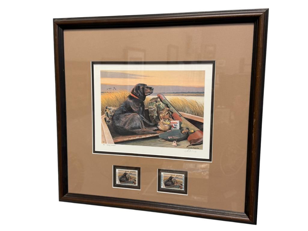 LOUIS FRISINO 1990 DUCKS UNLIMITED WATERFOWL STAMP PRINT NO. DU 1322/2000: ART DEPICTS LABRADOR SITTING IN A FISHING BOAT IN A MARSH, SIGNED LOWER RIGHT, WITH TWO STAMPS, FRAMED 17 1/2" X 16 1/2" FRAME
