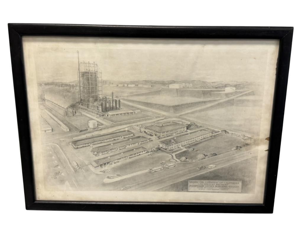 UNION OIL COMPANY PROPOSED OFFICE BUILDING GROUP LOS ANGELES REFINERY BIRDSEYE VIEW: 17 3/4" X 13" FRAME