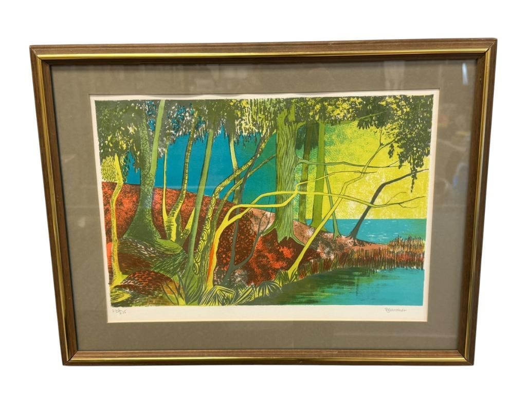 DOREEN GARDNER ENGLISH BORN ARTIST LIMITED EDITION LITHOGRAPH MOODY MYTHICAL LANDSCAPE 242/275: SIGNED LOWER RIGHT, CERTIFICATE ON THE BACK, FRAMED 25" X 19" FRAME