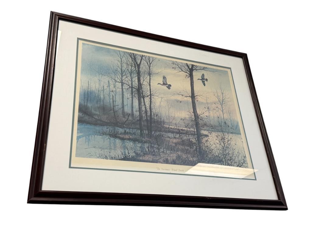 DAVID HAGERBAUMER WILDLIFE ARTIST LIMITED EDITION PRINT THE NARROWS - WOOD DUCK 132/450: SIGNED LOWER RIGHT, FRAMED 32" X 26 1/2" FRAME