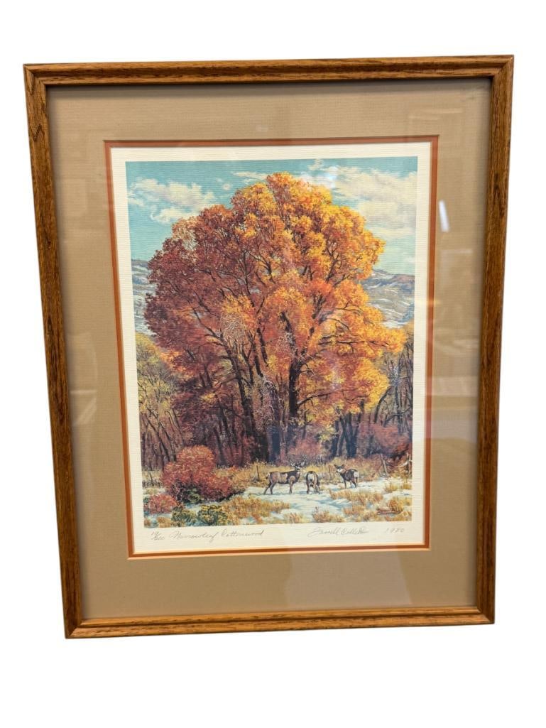 FARRELL COLLETT IDAHO ARTIST LIMITED EDITION PRINT TITLED NARROWLEAF COTTONWOD NO. 19/200: ART DEPICTS BUCK AND DOE IN LANDSCAPE SETTING WITH SNOW COVERED FLOOR AND TREES IN THE BACKGROUND, SIGNED LOWER RIGHT, ARTIST INFO ON THE BACK, FRAMED 15" X 18 1/2" FRAME