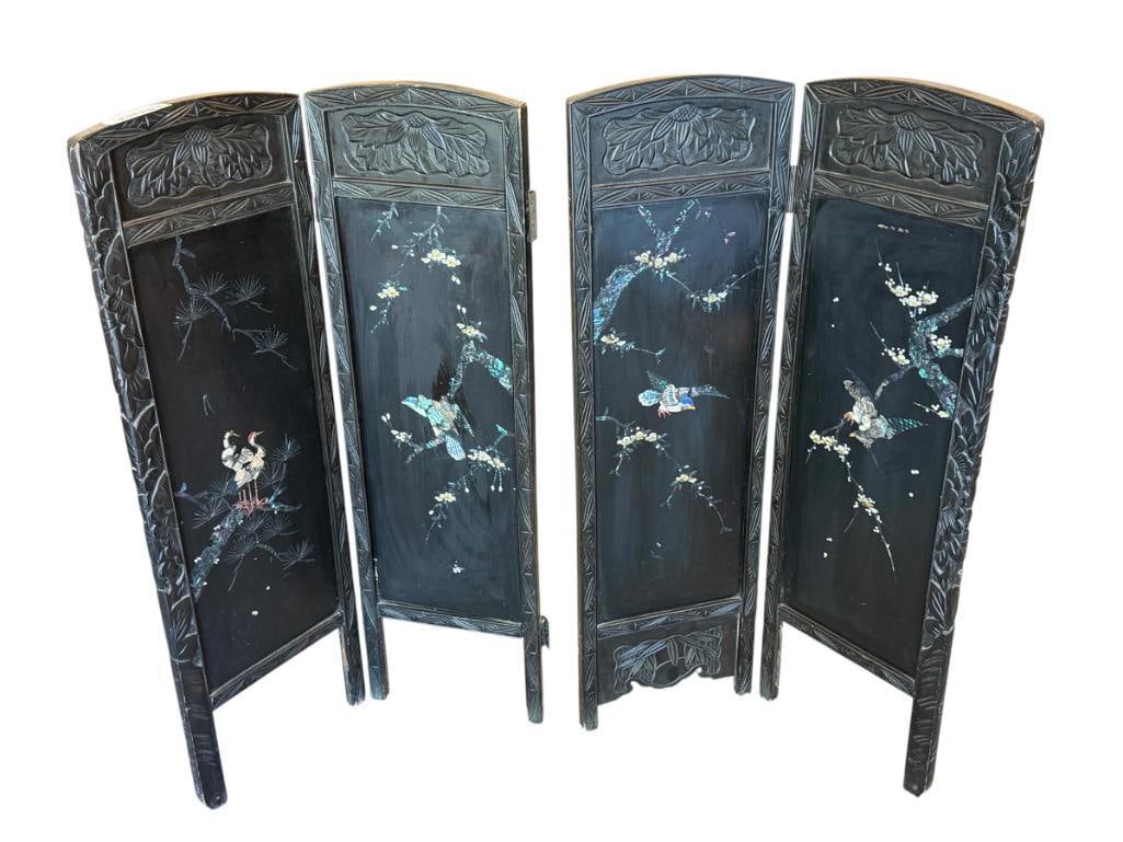 FOUR PIECE CHINESE LACQUERED WOOD ROOM DIVIDER DECORATION WITH ABALONE SHELL INLAY: BLACK AND BROWN LACQUERED WITH BIRD AND FLORAL DESIGN, ONE SET OF HINGES NEED REPAIR 42" X 36"