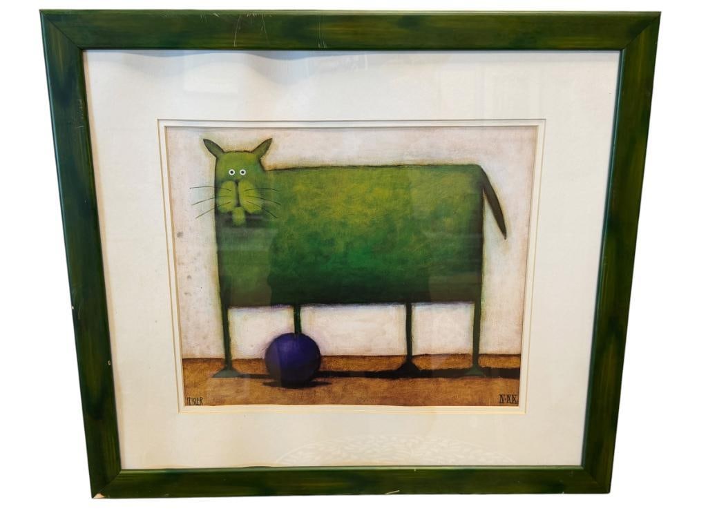 DANIEL KESSLER AMERICAN ARTIST PRINT GREEN CAT WITH BALL: PLATE SIGNED, FRAMED 23 1/2" X 20 1/2" FRAME