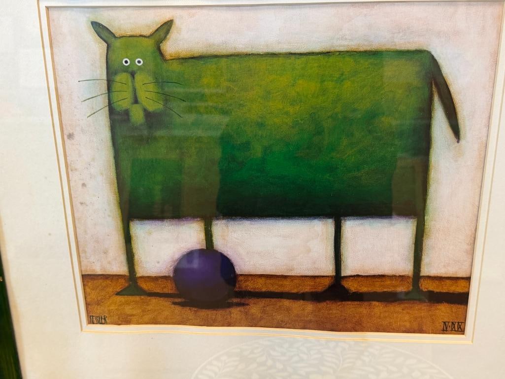 DANIEL KESSLER AMERICAN ARTIST PRINT GREEN CAT WITH BALL - 2