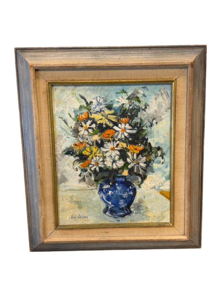 THOMAS DORLAND ORIGINAL ACRYLIC ON BOARD FLORAL STILL-LIFE, SIGNED LOWER LEFT: 15" X 17" FRAME
