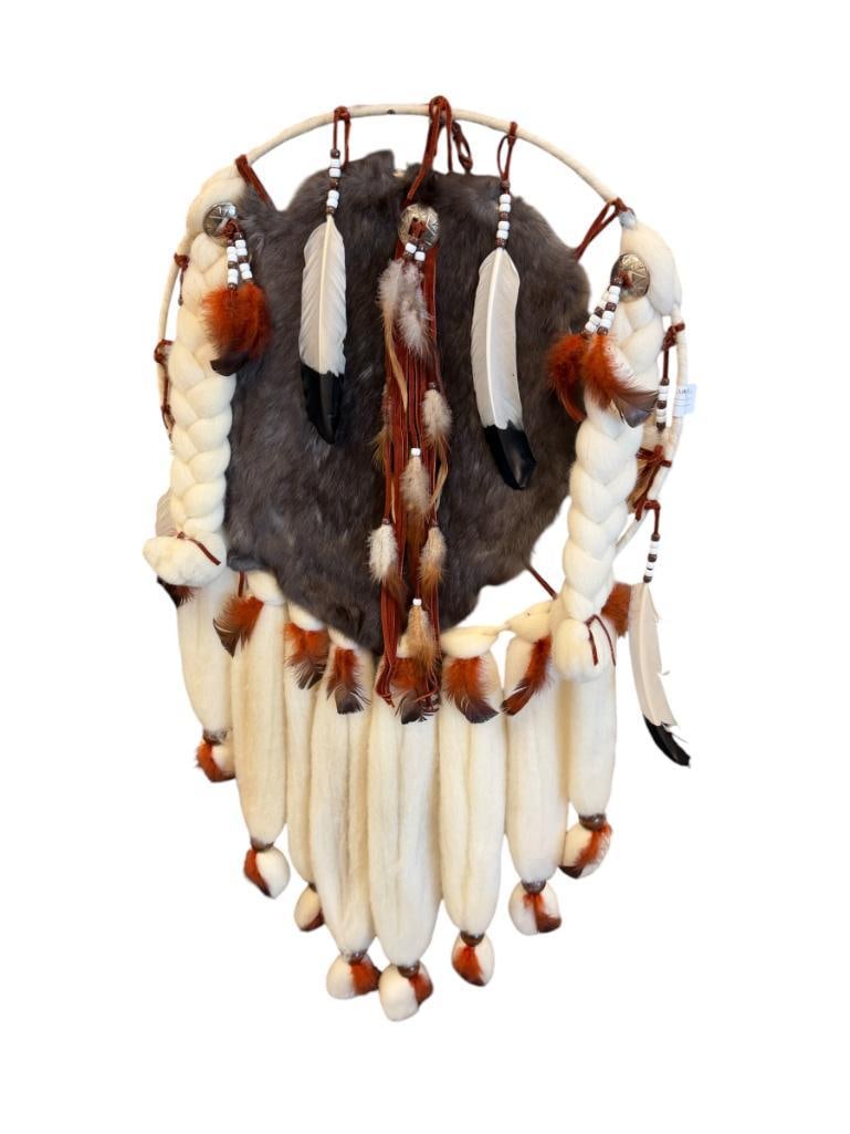 NATIVE AMERICAN HAND MADE MANDELLA / DREAM CATCHER: MADE FROM WOOL, ANIMAL FUR, FEATHERS AND BEADS, ORIGINAL LABEL PRESENT 39" H