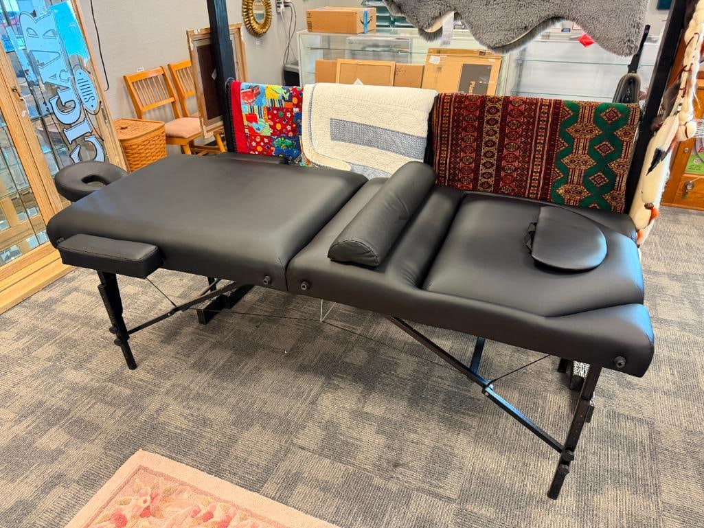 BEST MASSAGE PORTABLE FOLDING MASSAGE TABLE WITH ADJUSTABLE RECLINE AND CUSHIONS: INCLUDES HEADREST, ARMRESTS AND CUSHION, LIKE-NEW CONDITION 75" X 29"