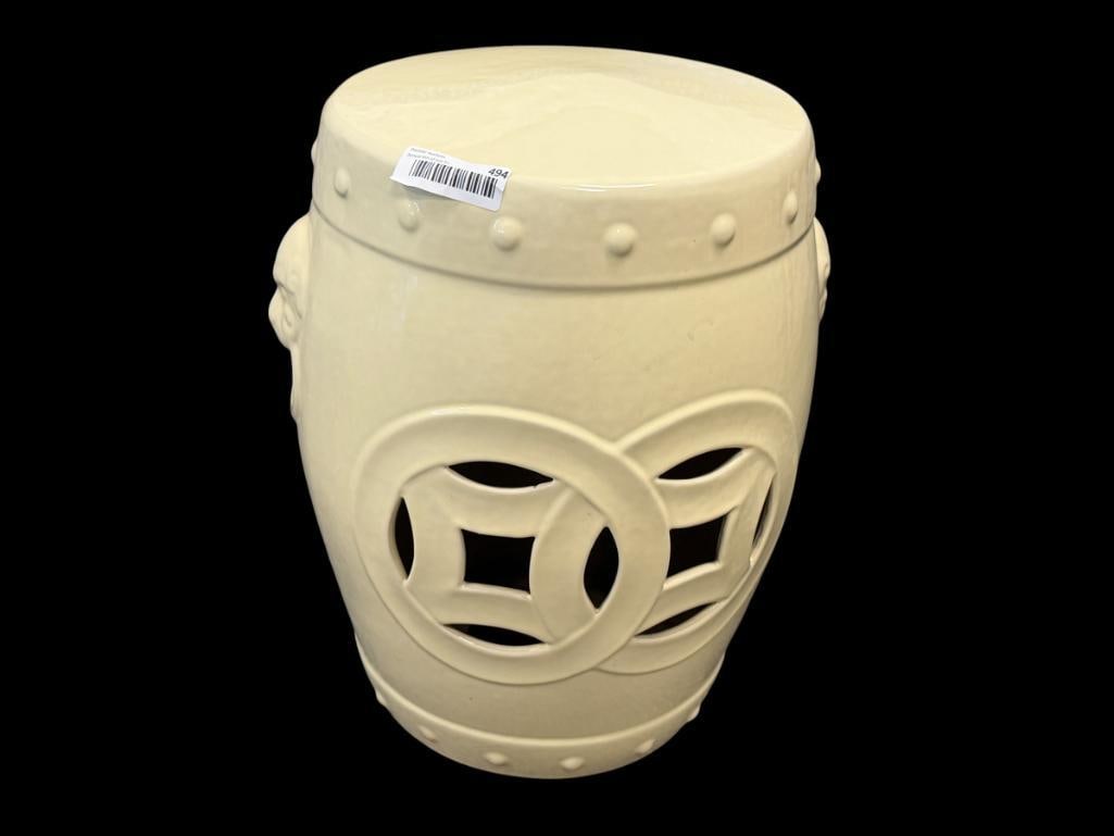 FAINT YELLOW GLAZED CERAMIC CHINESE GARDEN STOOL WITH PIERCED BODY AND FAUX FOO DOG HANDLES (1 of 5)