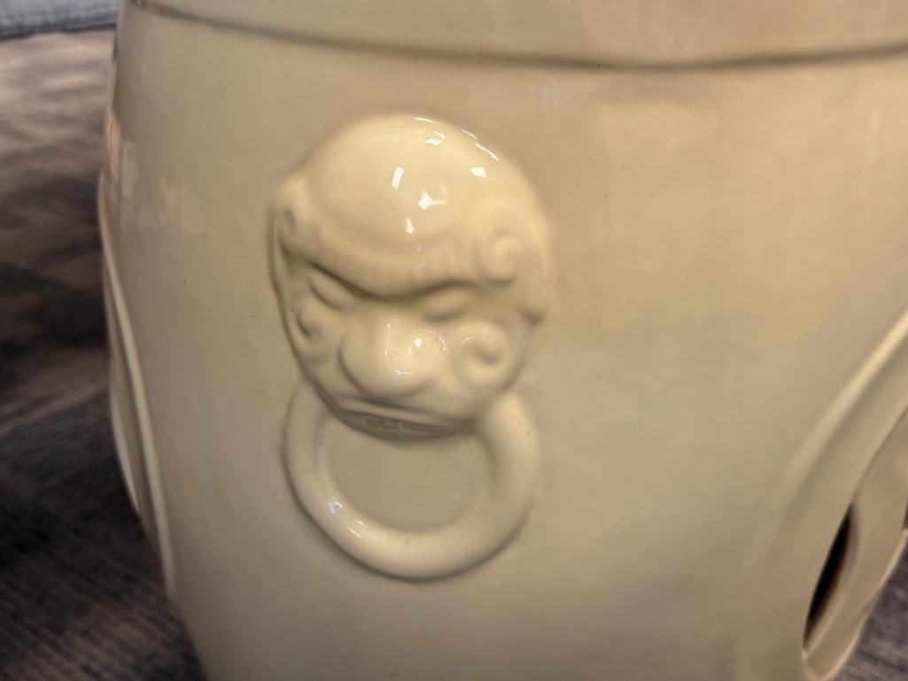 FAINT YELLOW GLAZED CERAMIC CHINESE GARDEN STOOL WITH PIERCED BODY AND FAUX FOO DOG HANDLES - 3