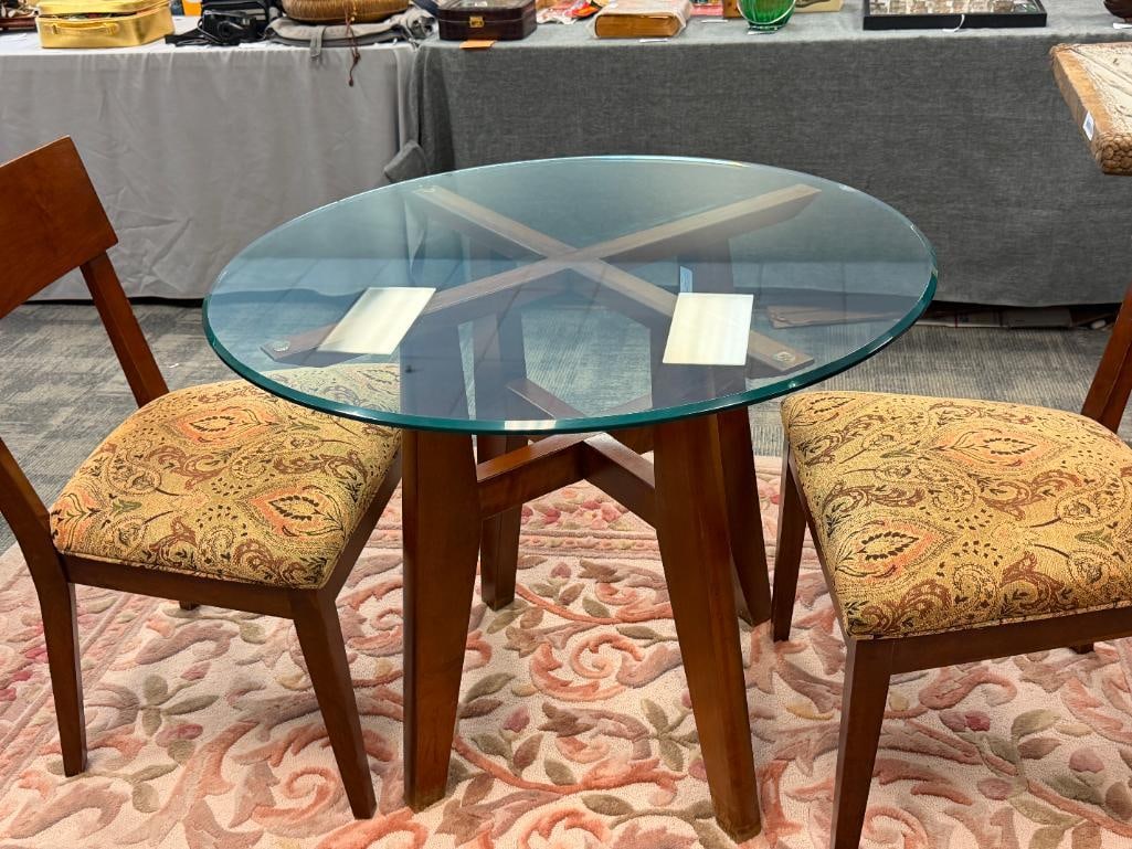 ETHAN ALLEN CONTEMPORARY ROUND BISTRO TABLE WITH GLASS TOP AND TWO CHAIRS - 2