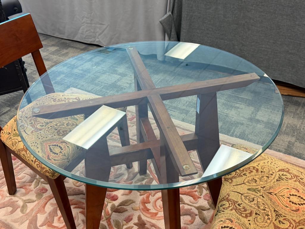 ETHAN ALLEN CONTEMPORARY ROUND BISTRO TABLE WITH GLASS TOP AND TWO CHAIRS - 3