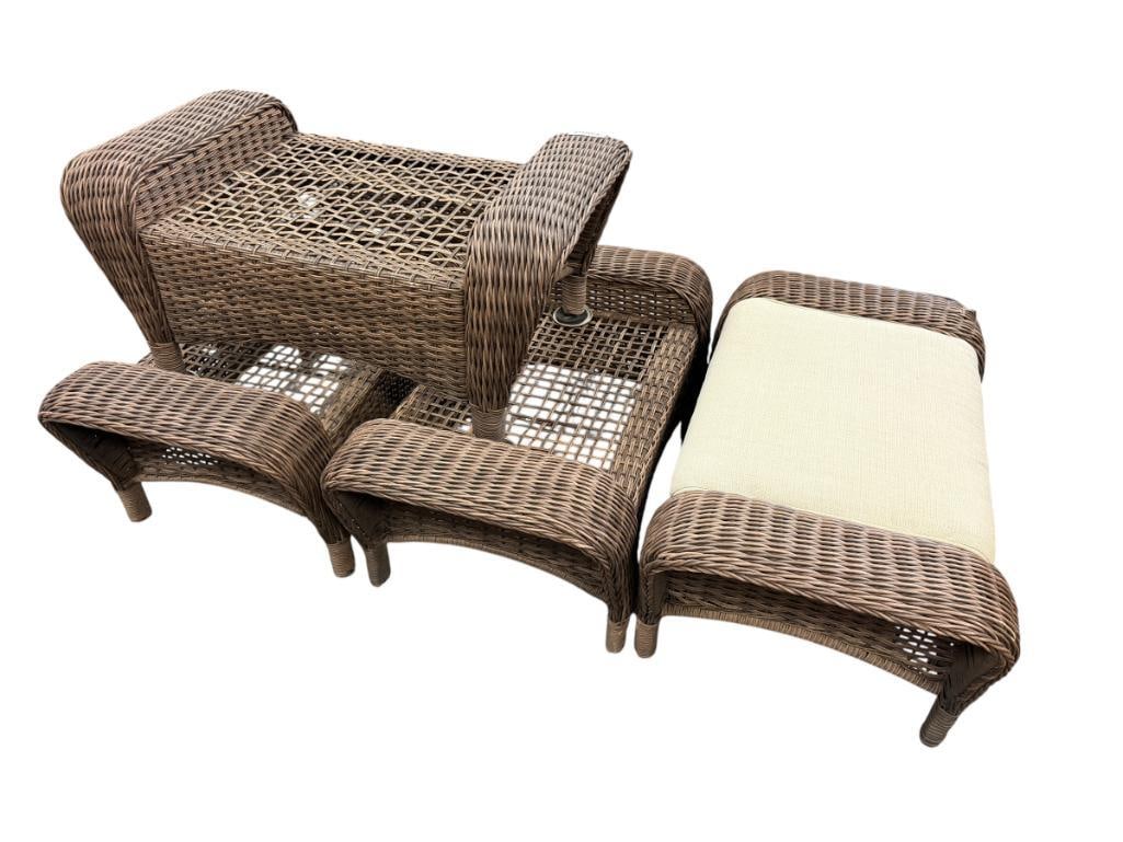 SET OF FOUR BROWN VINYL WICKER OUTDOOR PATION / GARDEN OTTOMANS USED AS SEATS HAMPTON BAY BEACON: INCLUDES ONE CUSHION, SOME MINOR WEAR / FRAYING 36" 