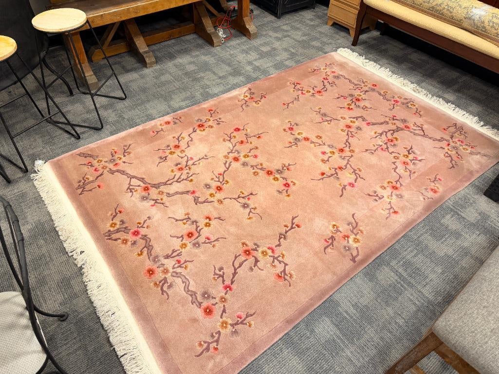 VINTAGE HAND SCUPTED WOOL CHERRY BLOSSOM AREA RUG HEAVY WOOL PILE - 2