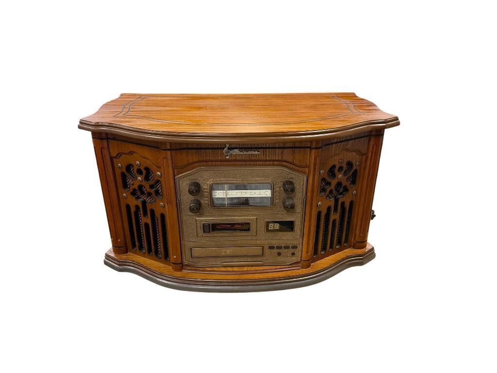 EMERSON 5-IN-1 HOME AUDIO SYSYTEM IN RETRO DESIGN MODEL NR305TT: OAK GRAIN CABINET WITH FLIP TOP EXPOSING RECORD PLAYER, AM/FM RADIO, CD AND CASSETTE PLAYER, INCLUDES MANUAL, TESTED + 22" X 14" X 12":