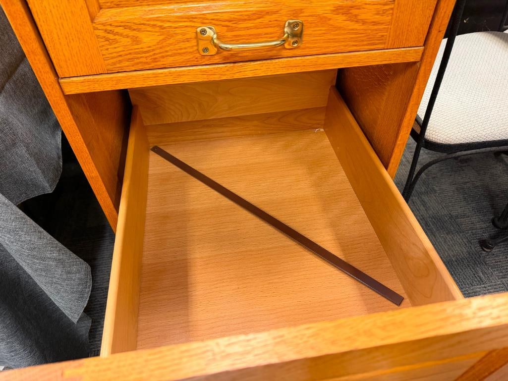 HONEY OAK FINISH THREE DRAWER LEGAL SIZE FILLING CABINET WITH KEYS - 12