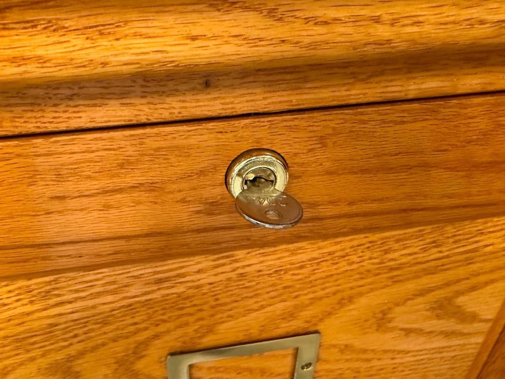 HONEY OAK FINISH THREE DRAWER LEGAL SIZE FILLING CABINET WITH KEYS - 8