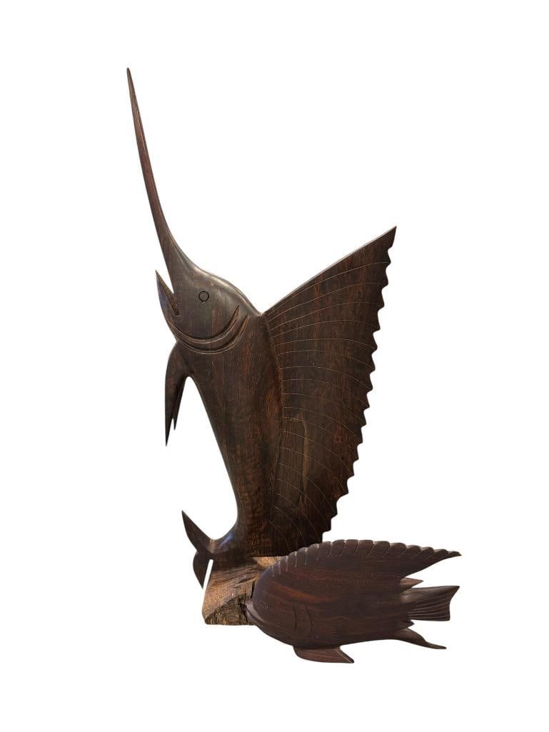 20TH CENTURY CARVED IRONWOOD MARINE / AQUATIC ANIMAL STATUES MARLIN AND FISH: 7" AND 23" H