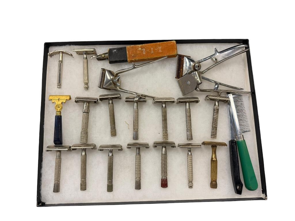 VINTAGE MENS SHAVING SUPPLIES STRAIGHT RAZORS, MANUAL CLIPPERS, COMBS, ANTIQUE STEER HORN RAZOR (1 of 13)