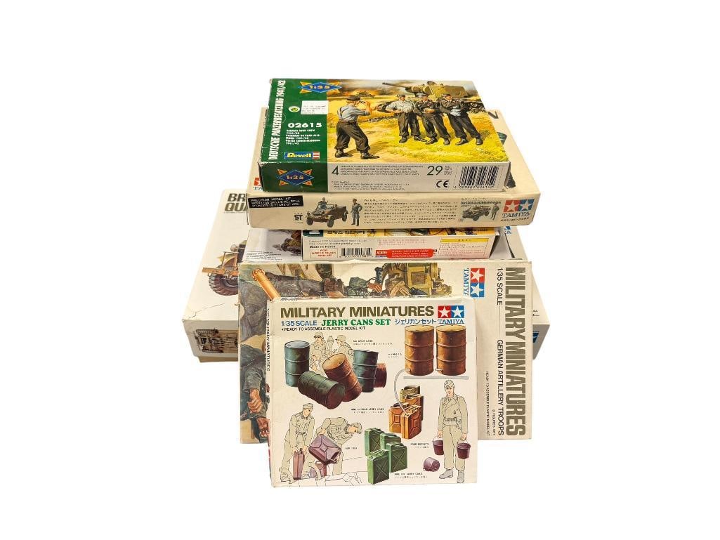 SEVEN TAMIYA, REVELL, DRAGON 1/35 PLASTIC KIT MODEL FIGURES, VEHICLE, AND ACCESSROIES: ALL IN ORIGINAL BOX UNASSEMBLED 