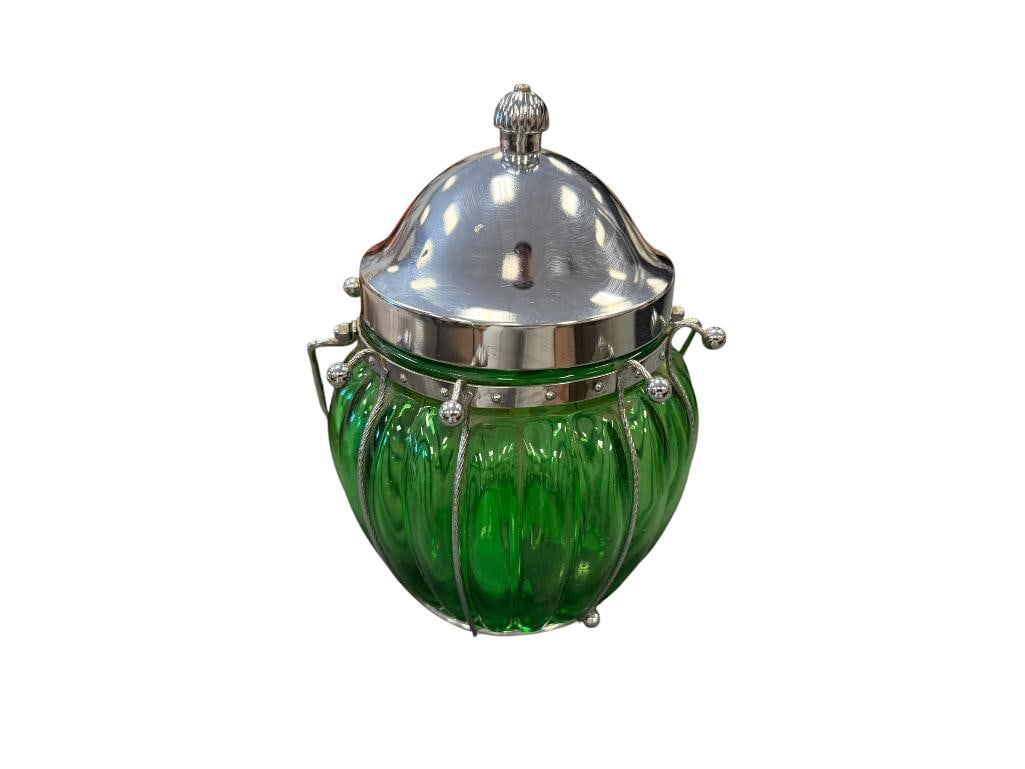 1970'S VINTAGE EMERALD GREEN GLASS MUSICAL CANDY JAR WITH RIBBED DESIGN MADE IN JAPAN: 7 3/4" H