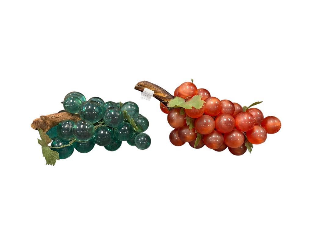 MID-CENTURY ACRYLIC GRAPEVINES IN METALLIC RED AND AQUA COLOR: WITH WOODEN STEMS 10" AND 15" L