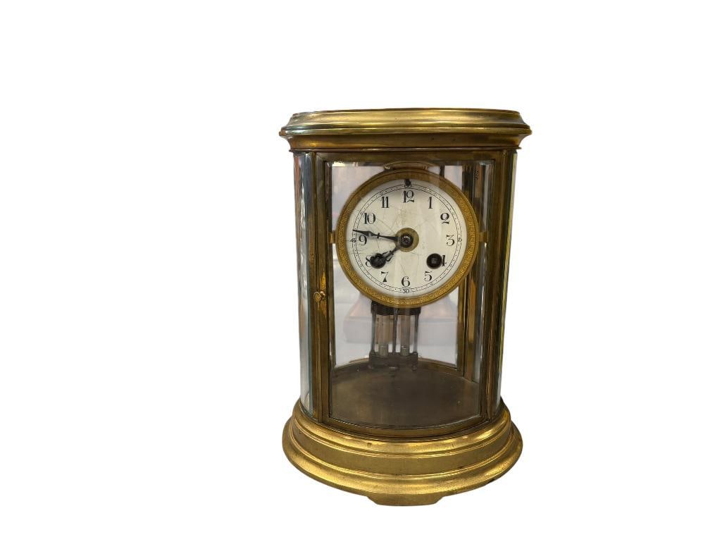 H & H SAMUEL MARTI FRENCH MADE BRASS MANTLE CLOCK NO. 8917 WITH MERCURY WEIGHTS AND WIND-UP KEY (1 of 8)
