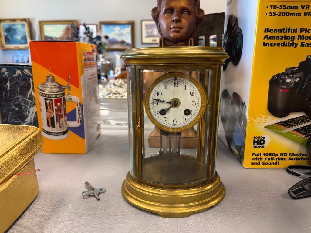H & H SAMUEL MARTI FRENCH MADE BRASS MANTLE CLOCK NO. 8917 WITH MERCURY WEIGHTS AND WIND-UP KEY - 2
