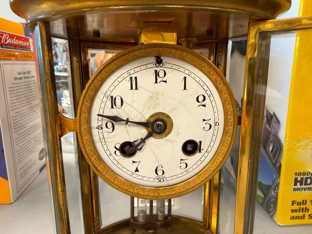 H & H SAMUEL MARTI FRENCH MADE BRASS MANTLE CLOCK NO. 8917 WITH MERCURY WEIGHTS AND WIND-UP KEY - 4