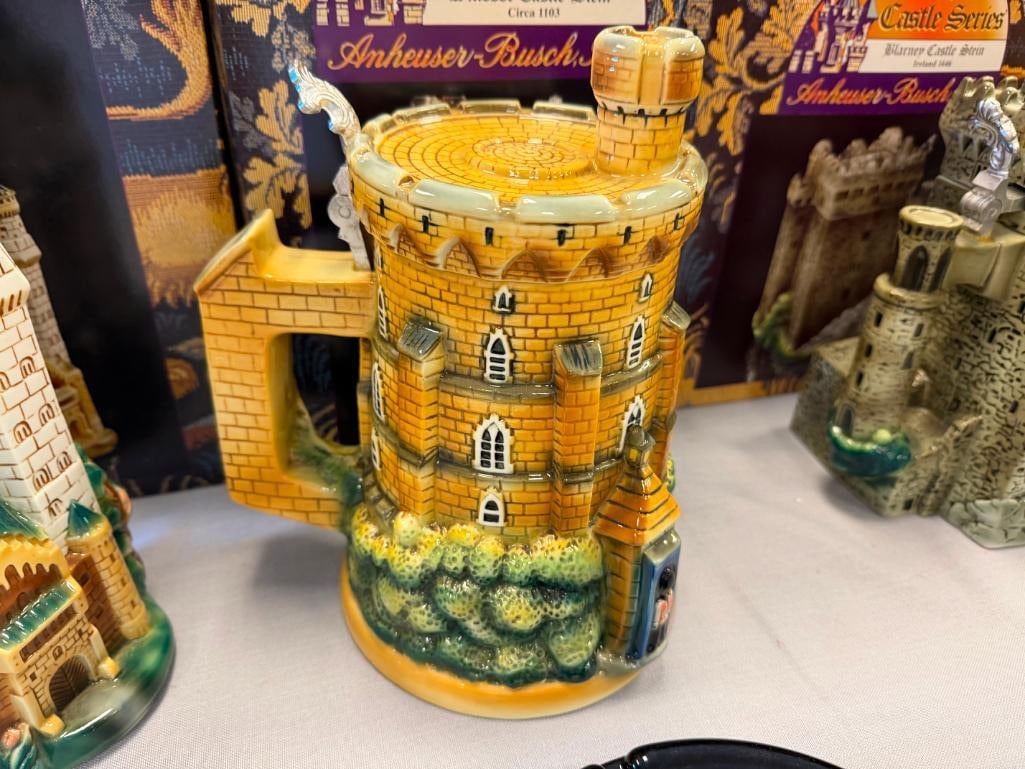 ANHEUSER-BUSCH EUROPEAN CASTLE SERIES CERAMIC RELIEF BEER STEINS WITH PEWTER FLIP LIDS - 11