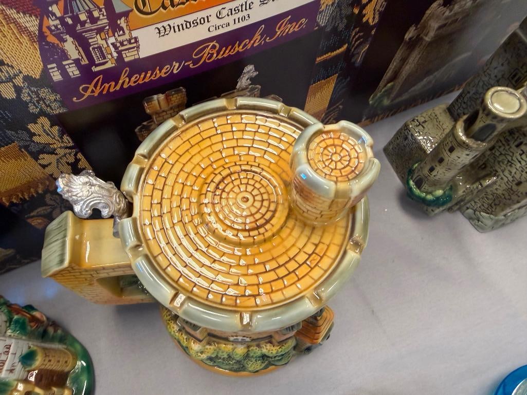 ANHEUSER-BUSCH EUROPEAN CASTLE SERIES CERAMIC RELIEF BEER STEINS WITH PEWTER FLIP LIDS - 12
