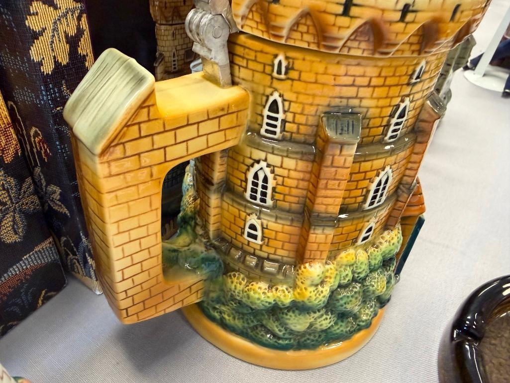 ANHEUSER-BUSCH EUROPEAN CASTLE SERIES CERAMIC RELIEF BEER STEINS WITH PEWTER FLIP LIDS - 13