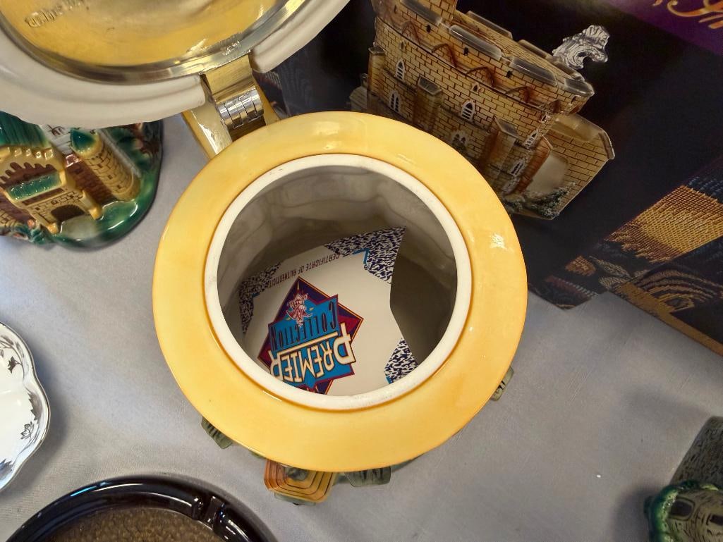 ANHEUSER-BUSCH EUROPEAN CASTLE SERIES CERAMIC RELIEF BEER STEINS WITH PEWTER FLIP LIDS - 15