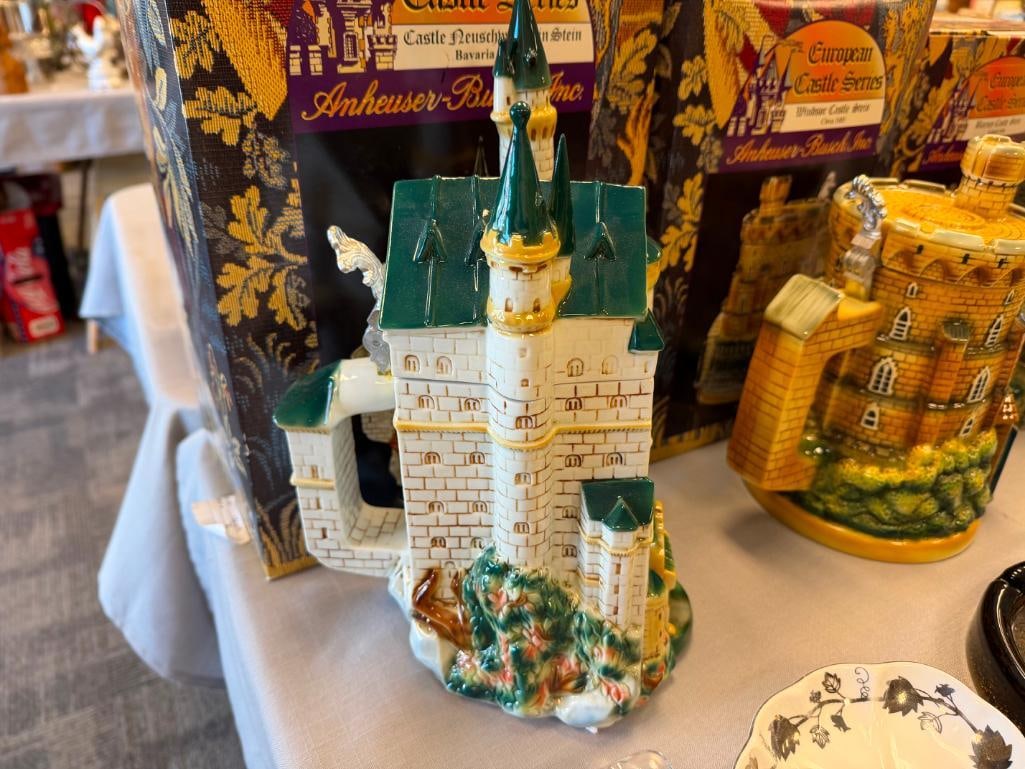 ANHEUSER-BUSCH EUROPEAN CASTLE SERIES CERAMIC RELIEF BEER STEINS WITH PEWTER FLIP LIDS - 18