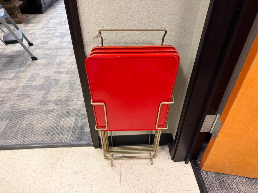 MID-CENTURY ENAMELED METAL TV DINNER TRAYS WITH CHROME ;LEGS AND CHROME FINISHED HOLDER - 2