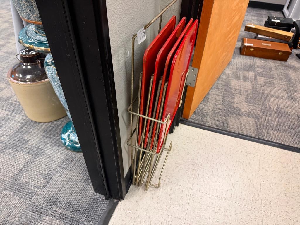 MID-CENTURY ENAMELED METAL TV DINNER TRAYS WITH CHROME ;LEGS AND CHROME FINISHED HOLDER - 3