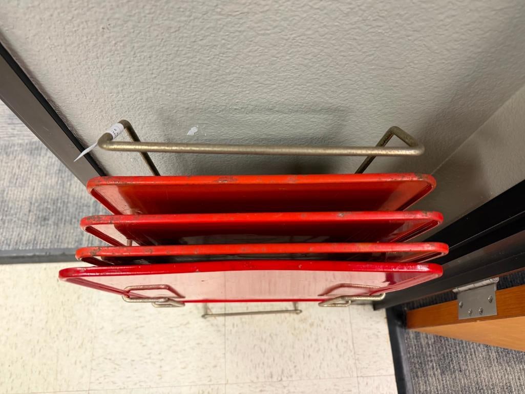 MID-CENTURY ENAMELED METAL TV DINNER TRAYS WITH CHROME ;LEGS AND CHROME FINISHED HOLDER - 4