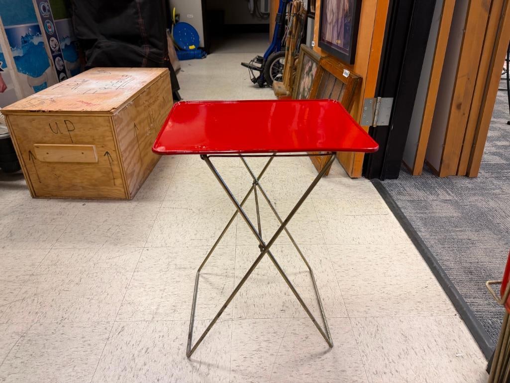 MID-CENTURY ENAMELED METAL TV DINNER TRAYS WITH CHROME ;LEGS AND CHROME FINISHED HOLDER - 6